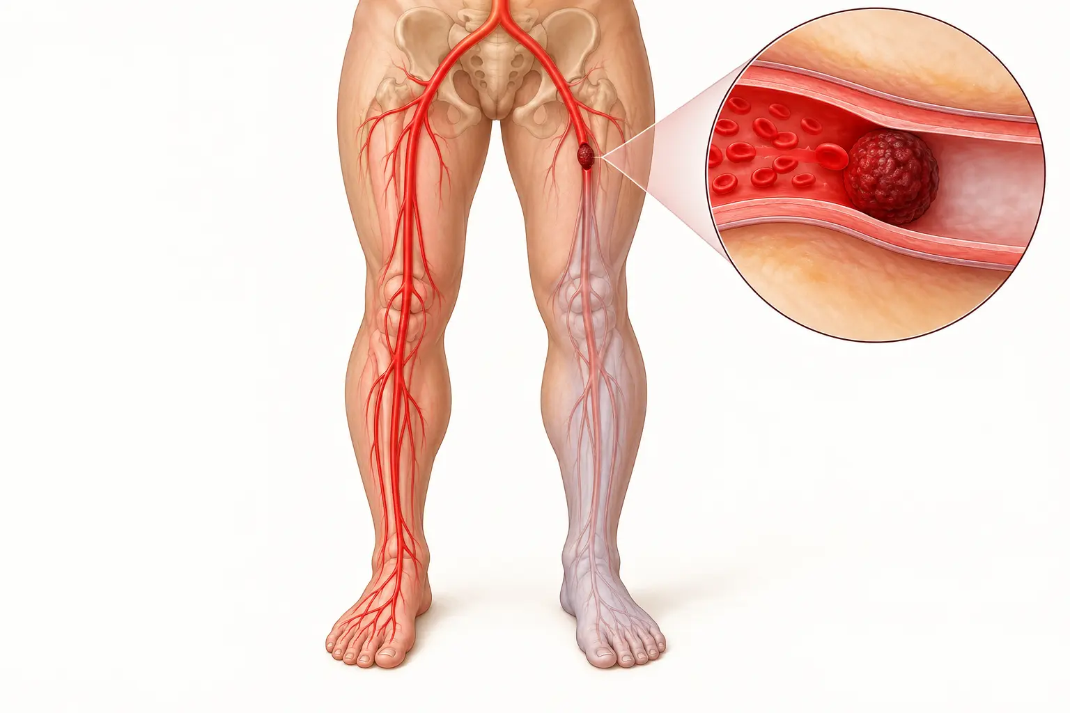 Illustration comparing normal leg circulation with sudden arterial blockage and reduced flow to the foot