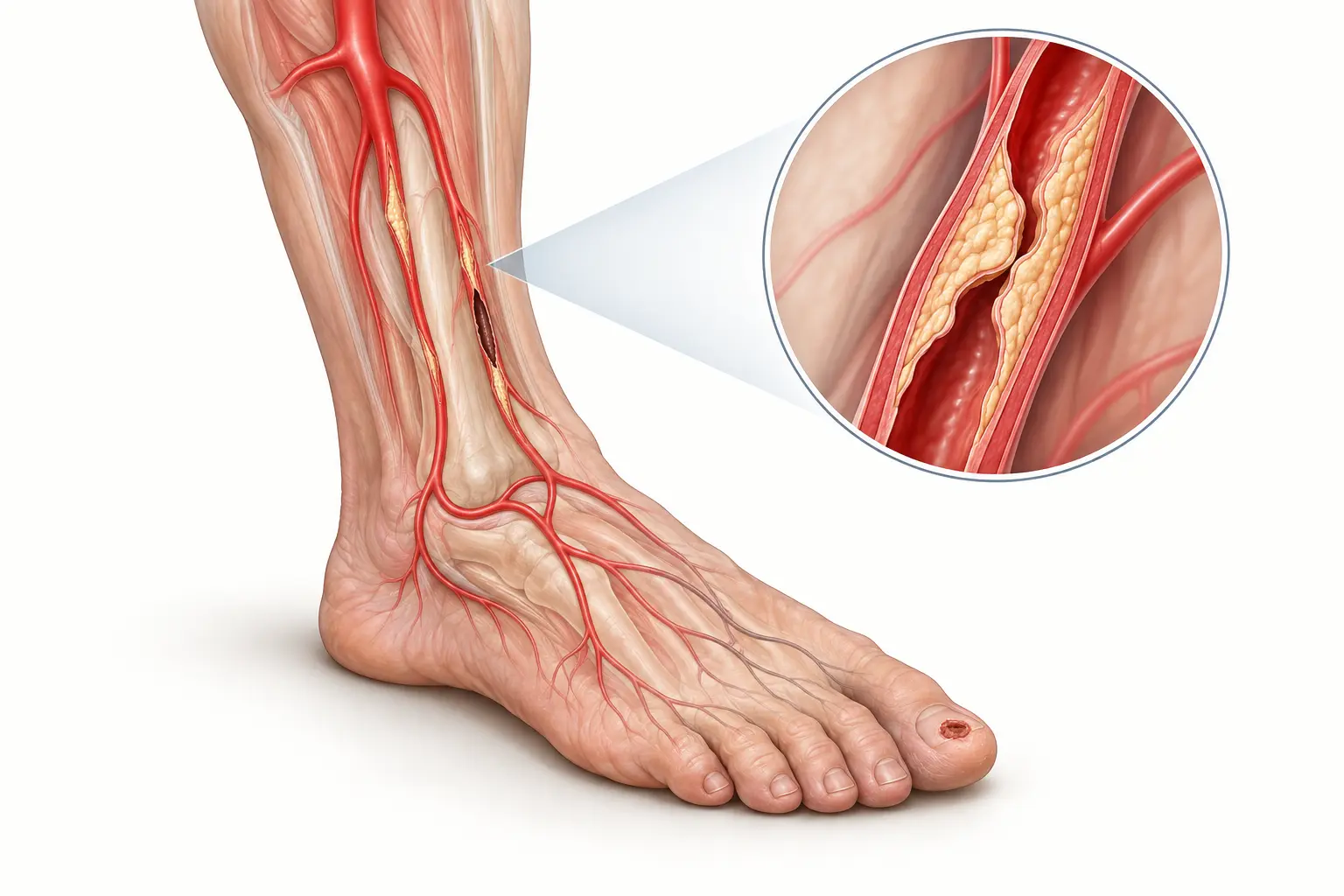 Illustration showing severely reduced arterial blood flow to a foot with threatened tissue