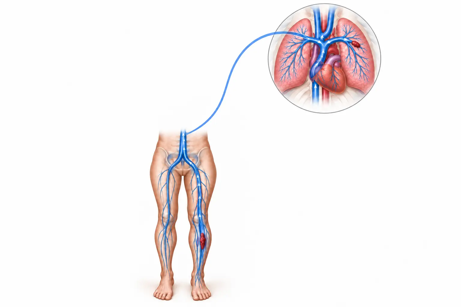 Illustration showing a deep vein thrombosis in the leg and the clot pathway toward the lungs