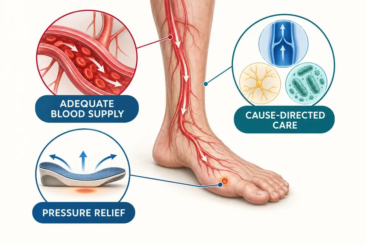 Diagram showing three essential factors for leg and foot wound healing: adequate blood supply, pressure relief, and cause-directed care