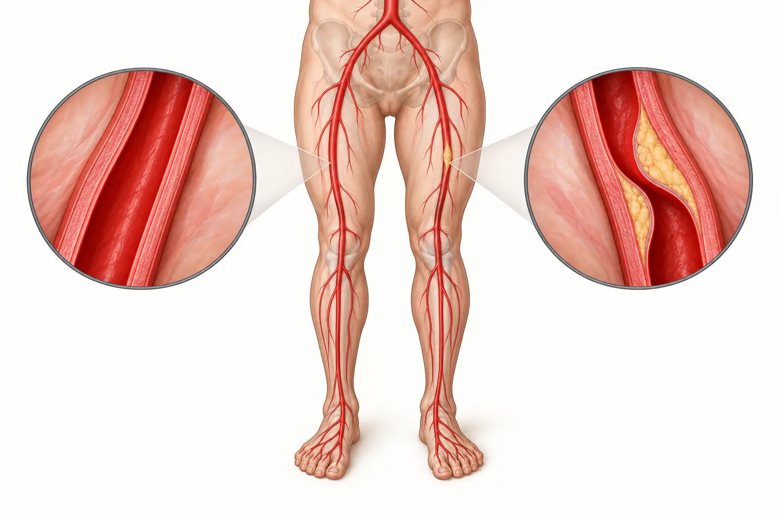 Illustration comparing normal lower-limb arterial flow with an artery narrowed by peripheral arterial disease